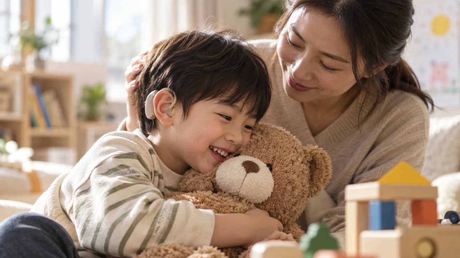 집에서 곰인형을 안고 있는 장애아동과 곁에서 돌보는 보호자
