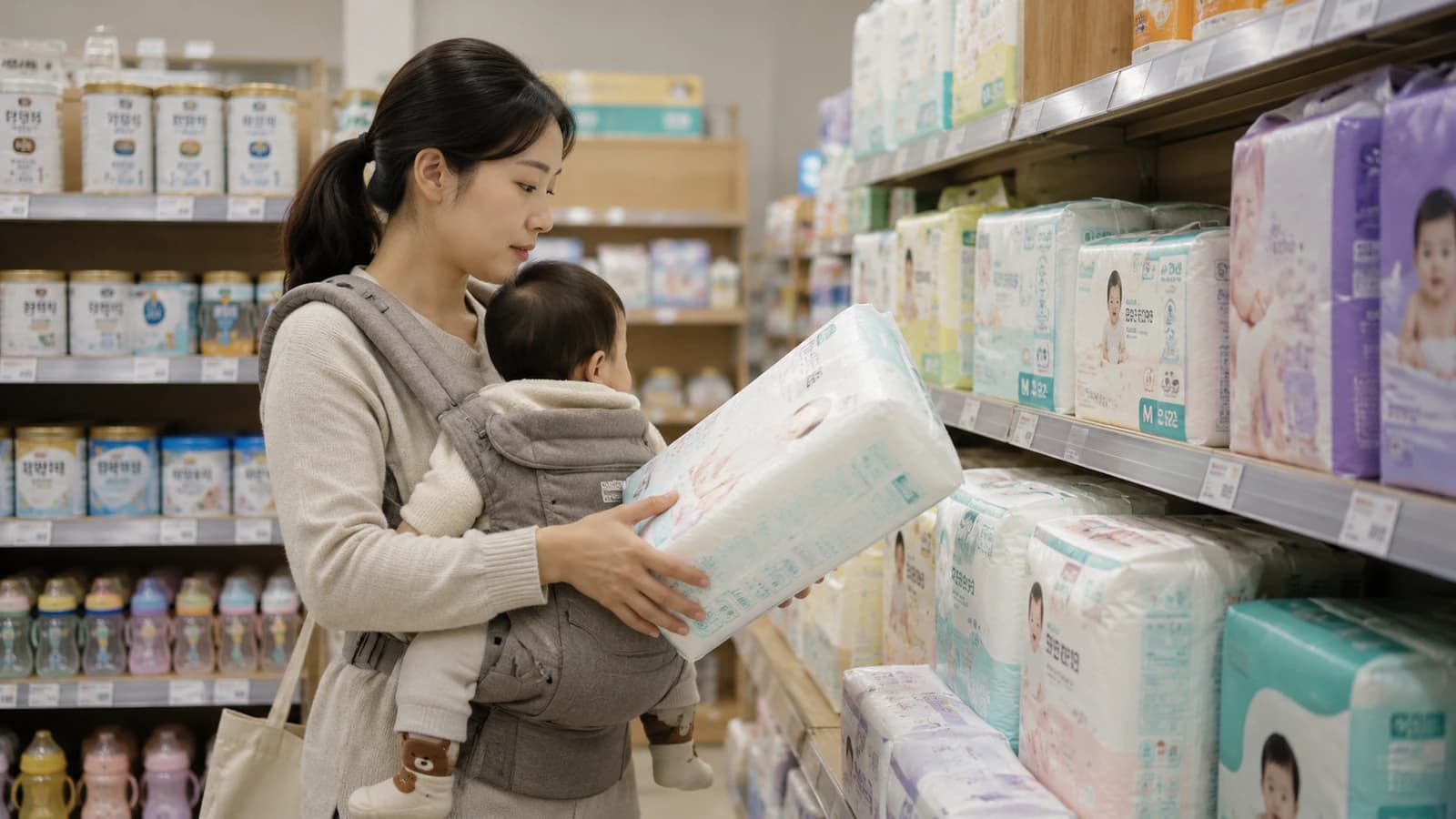 아기 기저귀와 분유를 고르는 보호자
