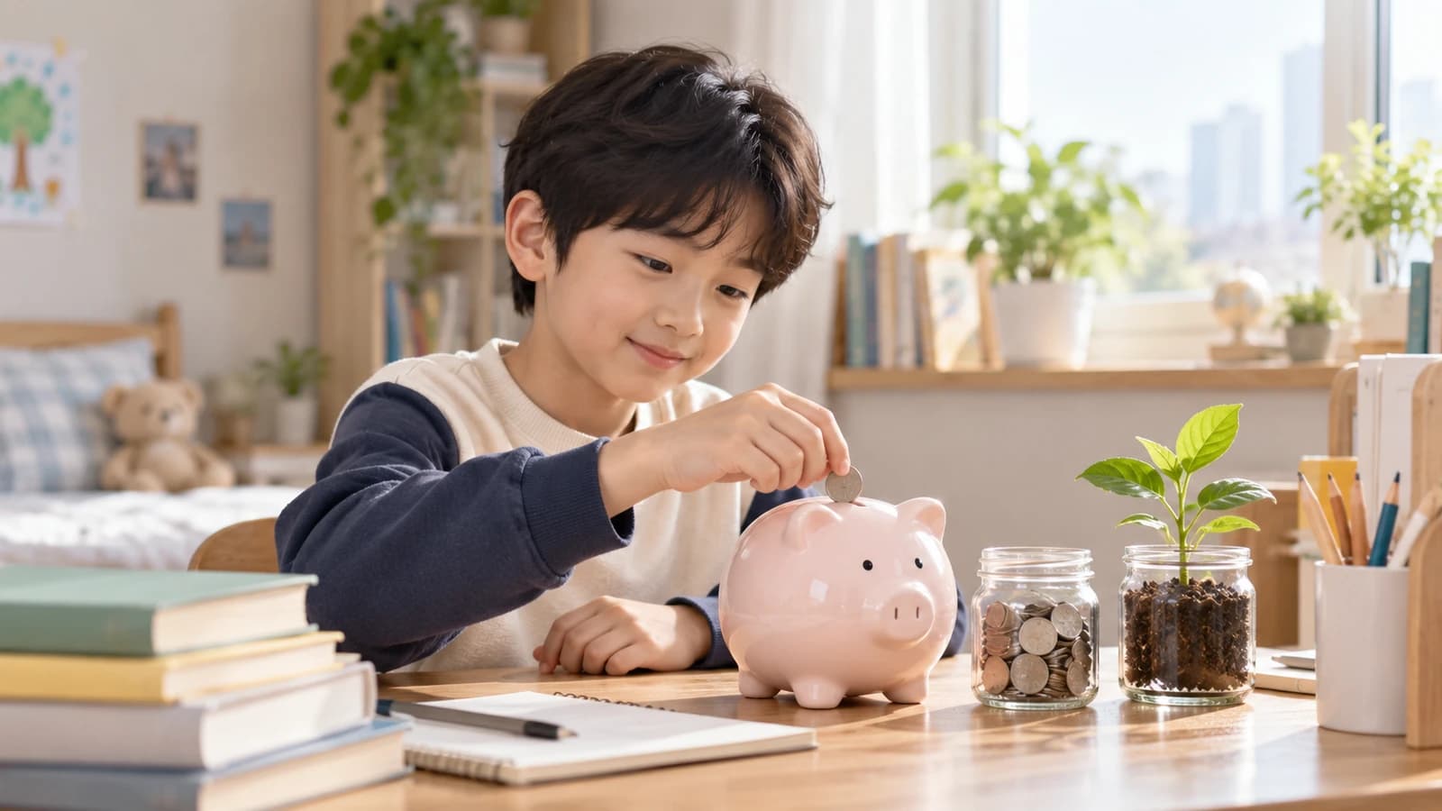 밝은 방에서 저금통에 동전을 넣는 아이