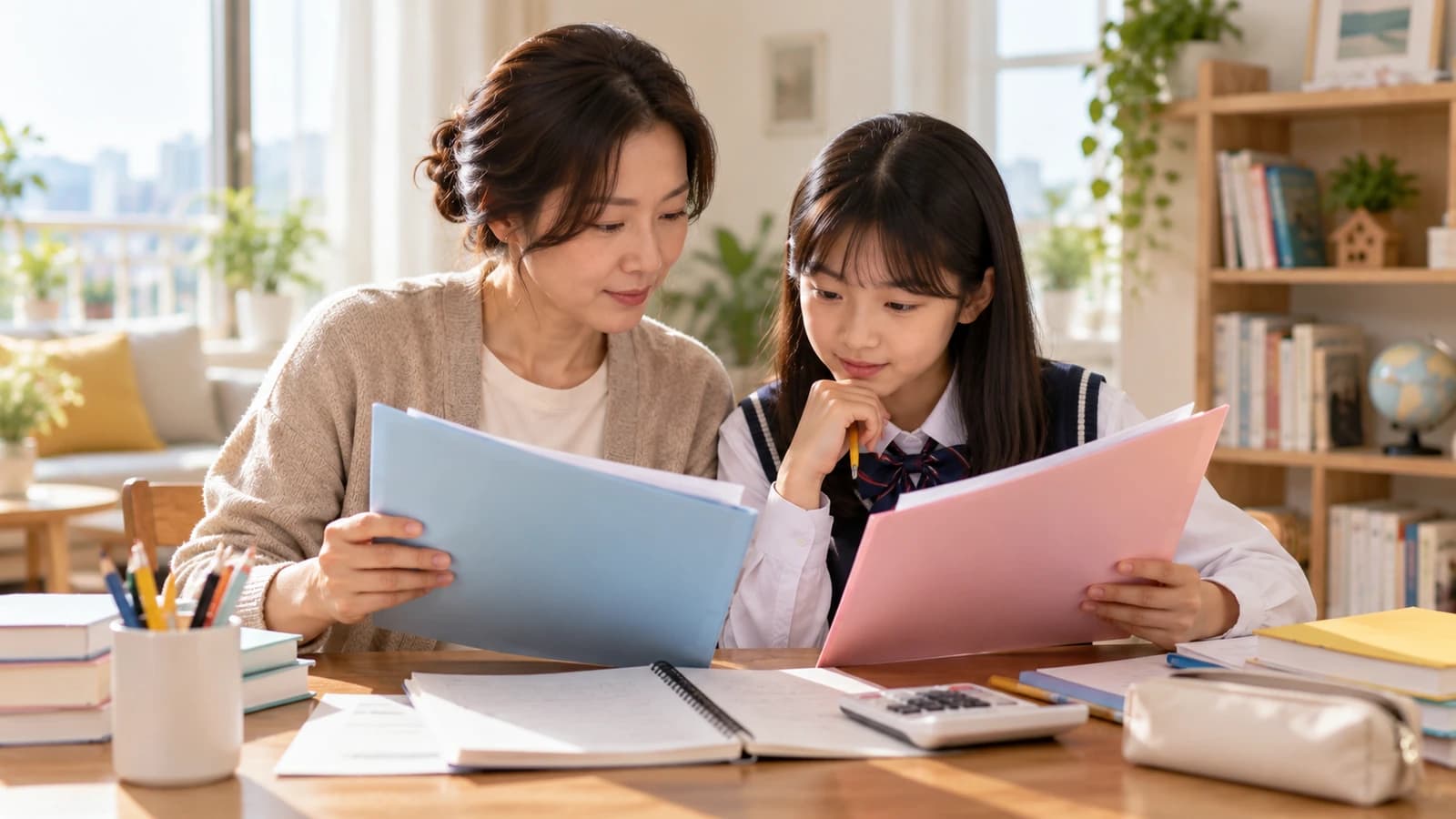 집에서 교육 관련 서류와 학습자료를 함께 살펴보는 학생과 보호자