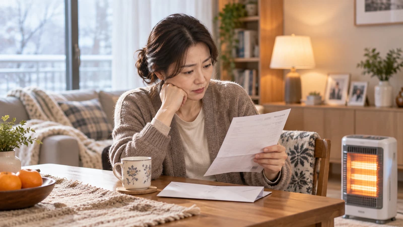 겨울철 난방기 옆에서 공과금 고지서를 확인하는 여성