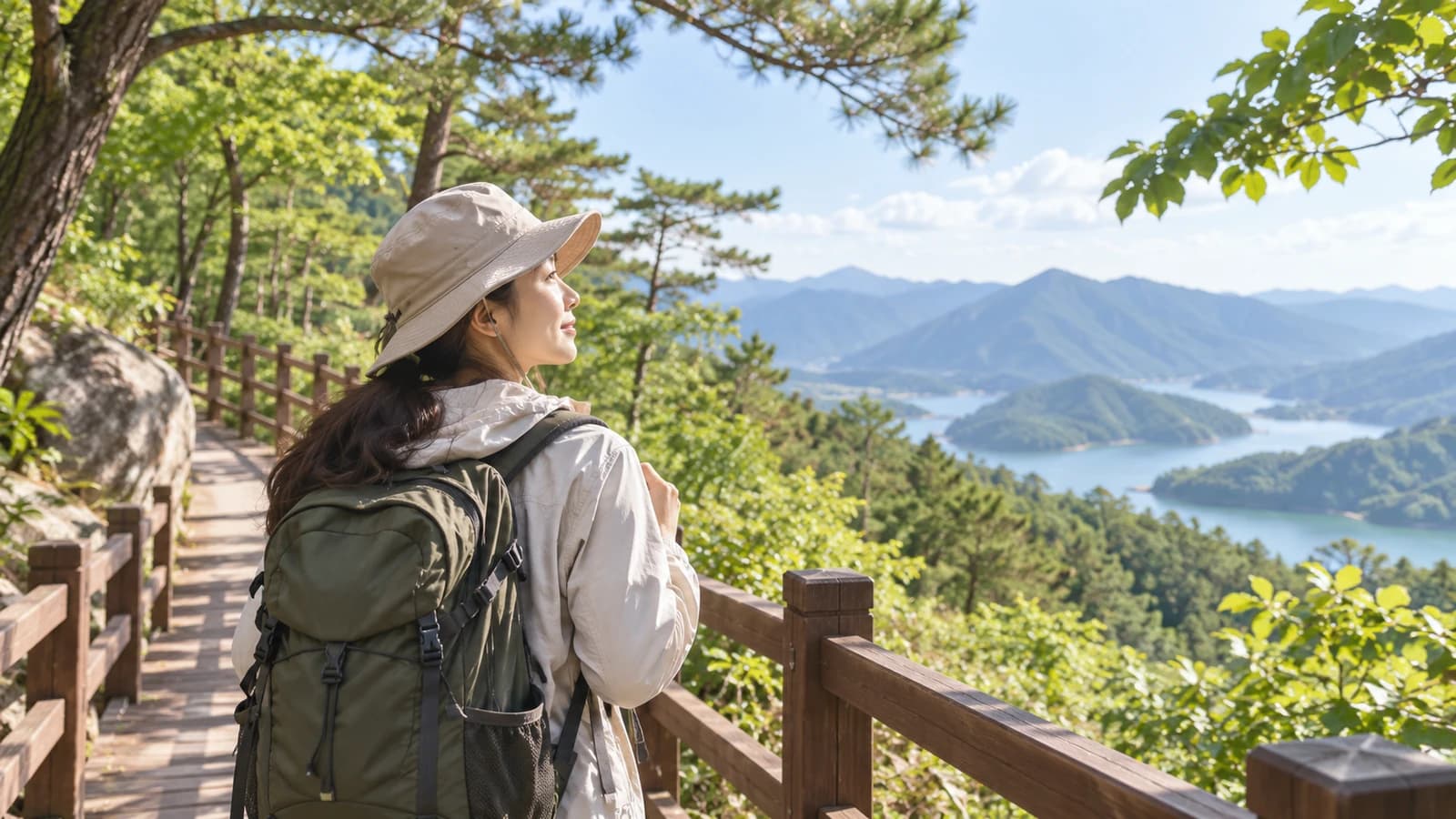 산림 휴양지 숲길에서 산과 호수를 바라보는 여성