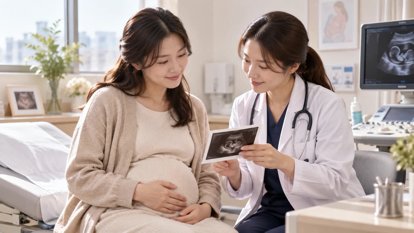 산부인과에서 초음파 사진을 함께 확인하는 임산부와 의료진