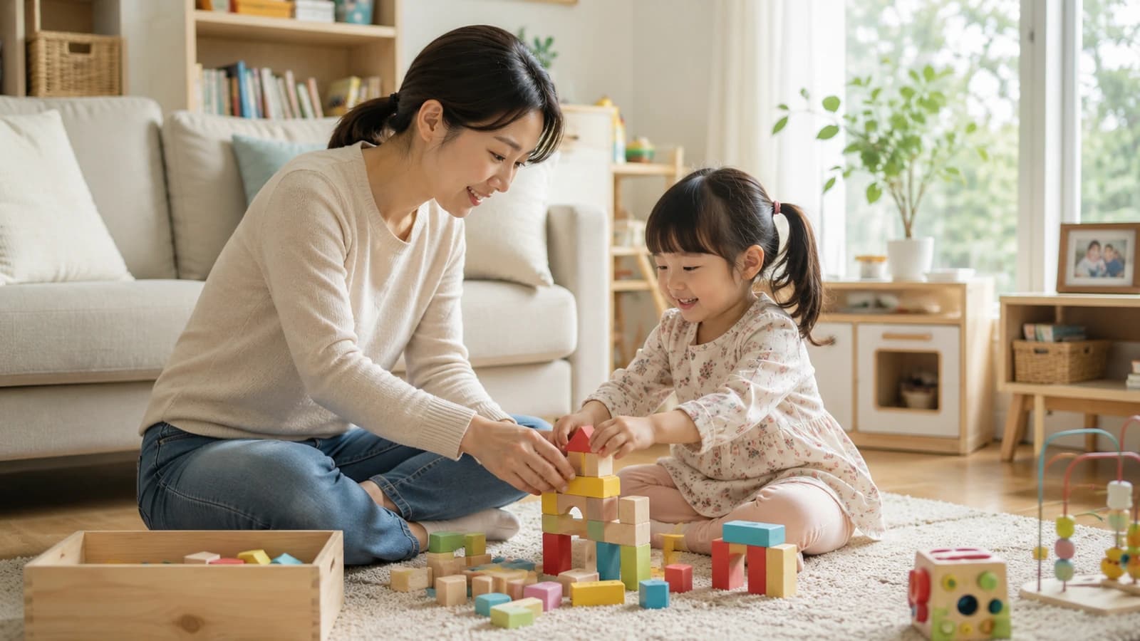 집에서 아이를 돌보는 보호자와 영유아