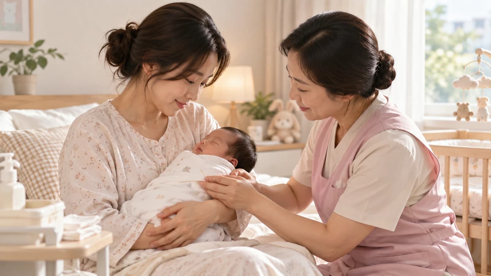 신생아를 안은 산모와 곁에서 돌봄을 돕는 산모신생아 건강관리사