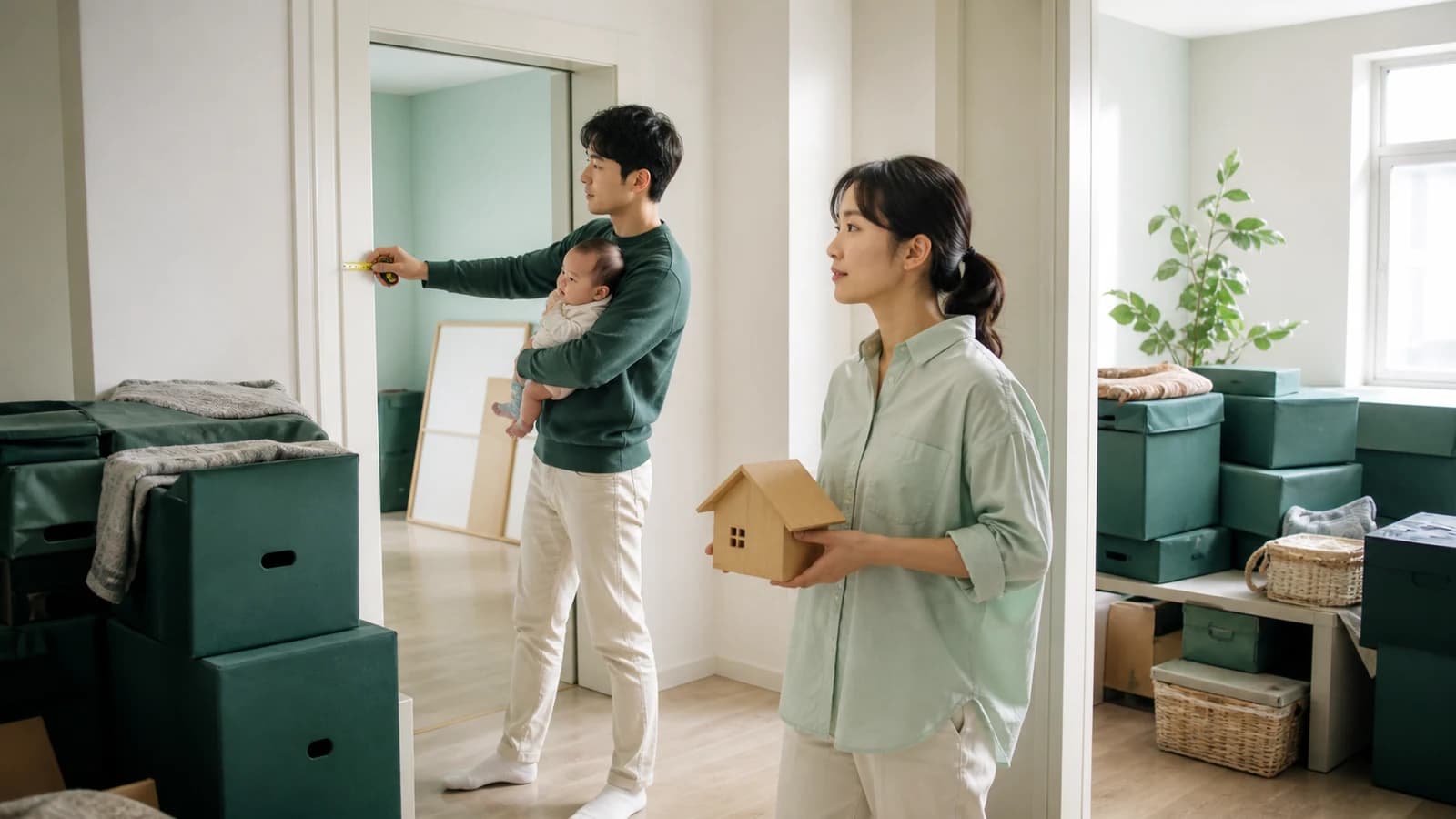 신생아와 함께 새집을 둘러보는 젊은 부부