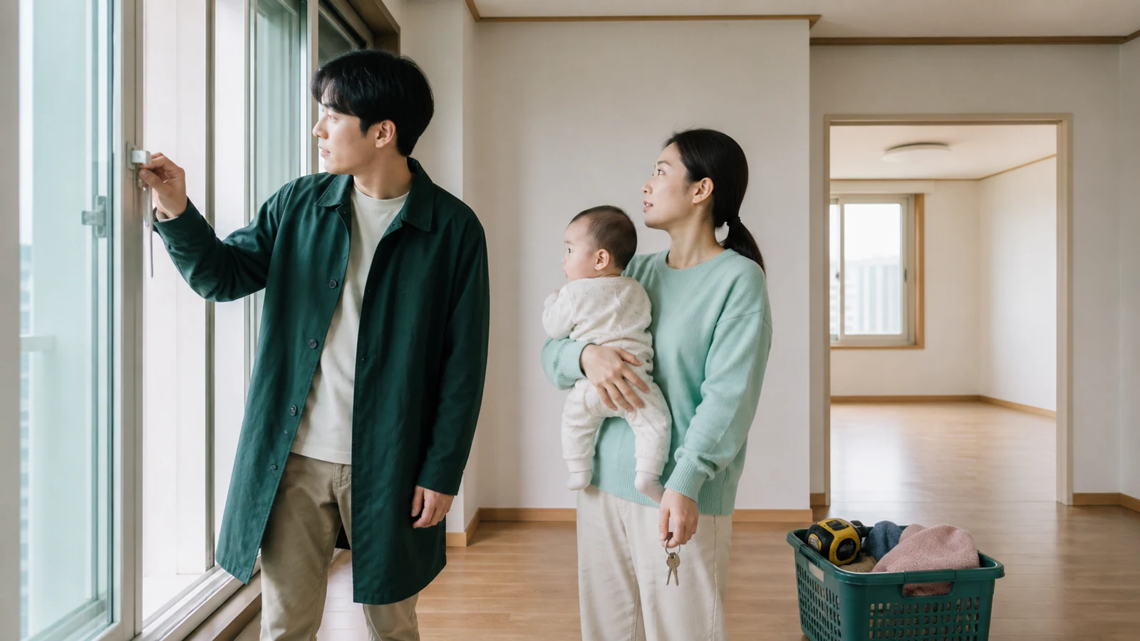 신생아와 함께 전셋집을 살펴보는 부부