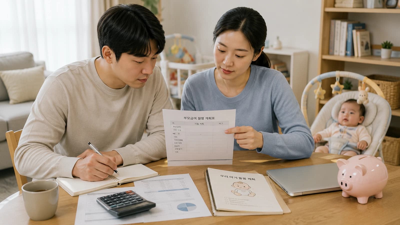 영아를 돌보며 월별 양육 계획을 세우는 부모