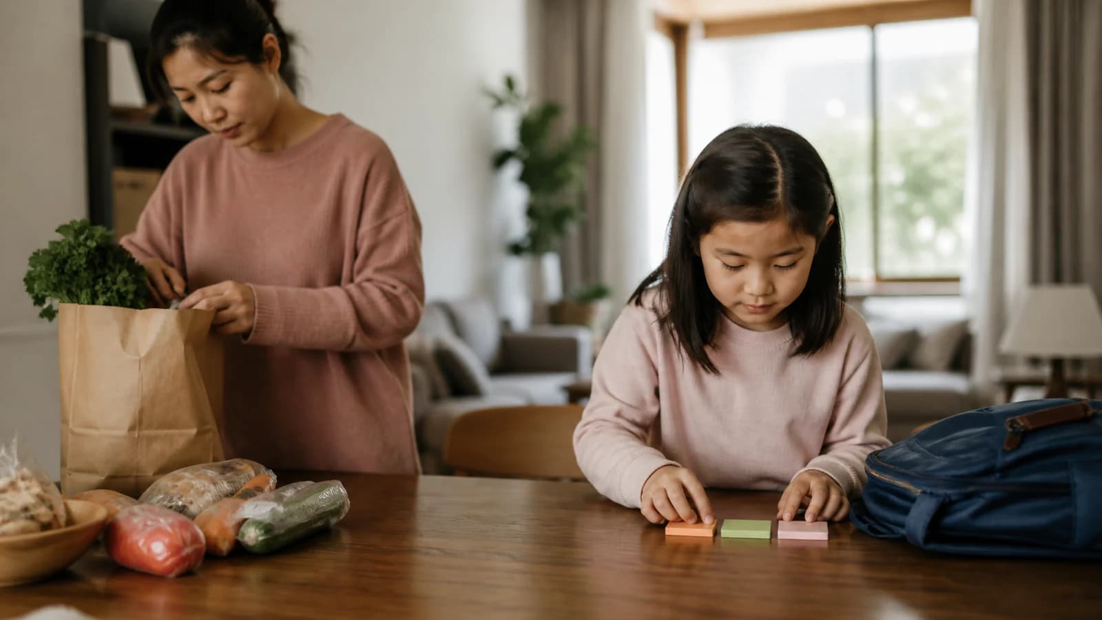 아이와 함께 한 주 생활 계획을 세우는 보호자