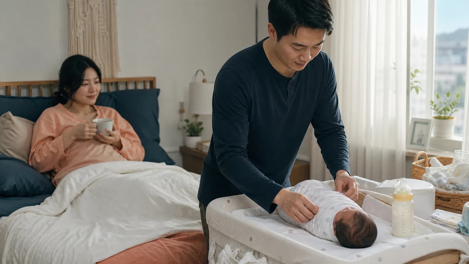 산모 곁에서 신생아 돌봄을 함께하는 배우자