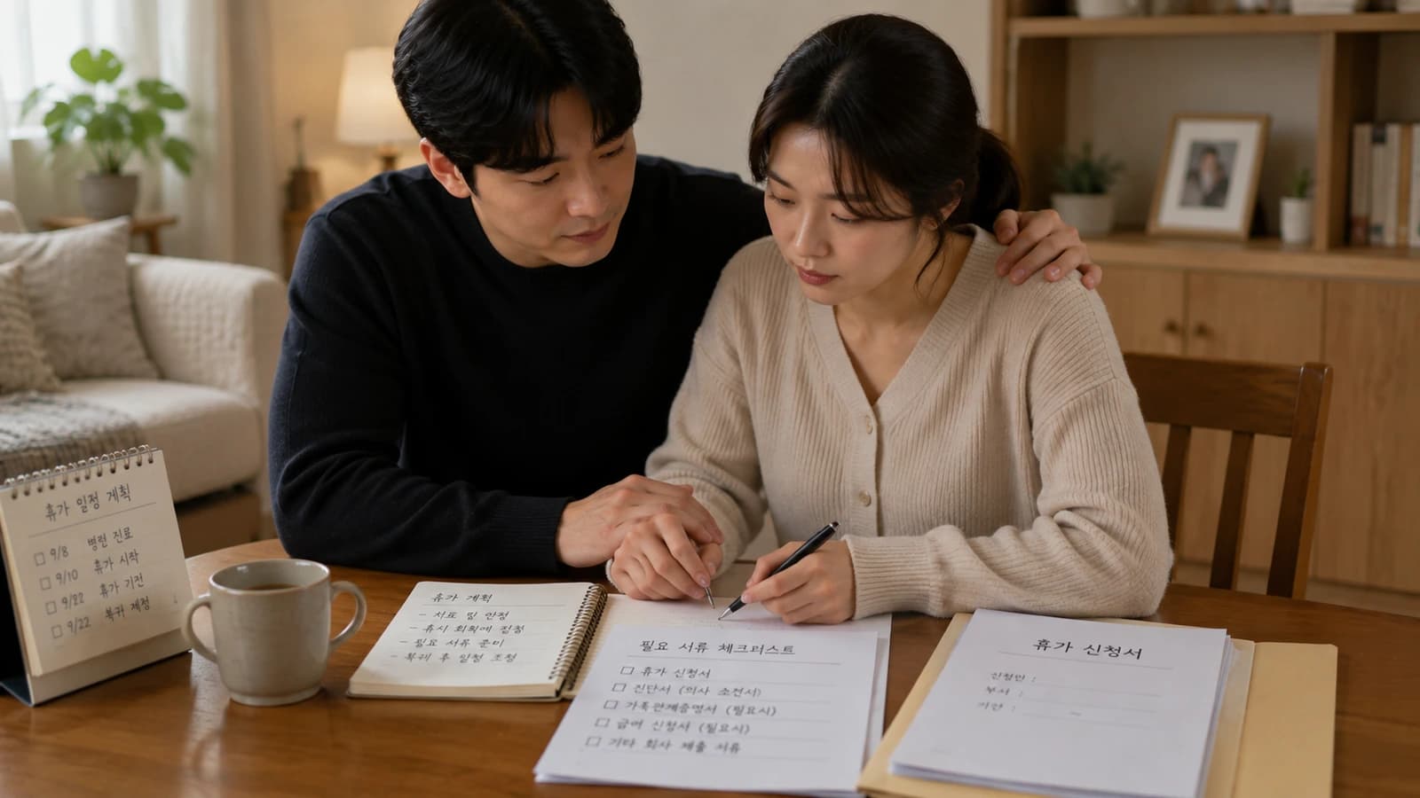 집에서 배우자를 돌보며 함께 쉬는 부부