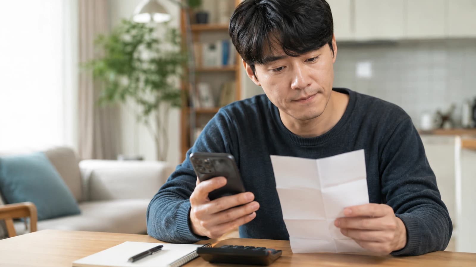 휴대폰 요금 고지서를 확인하는 시민