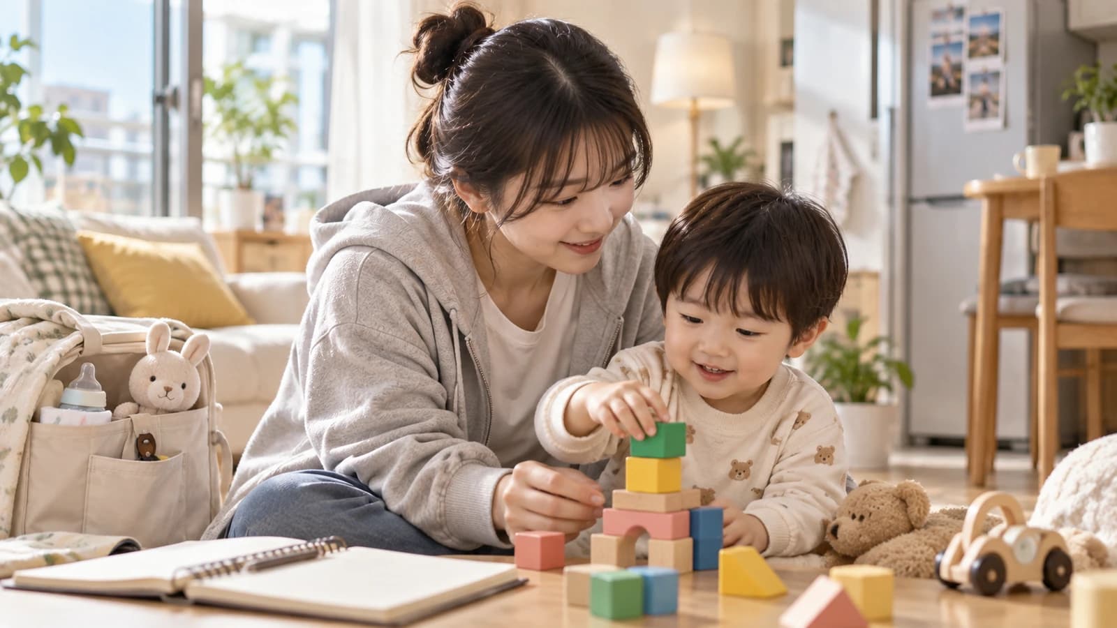 집에서 아이와 블록 놀이를 하는 젊은 부모