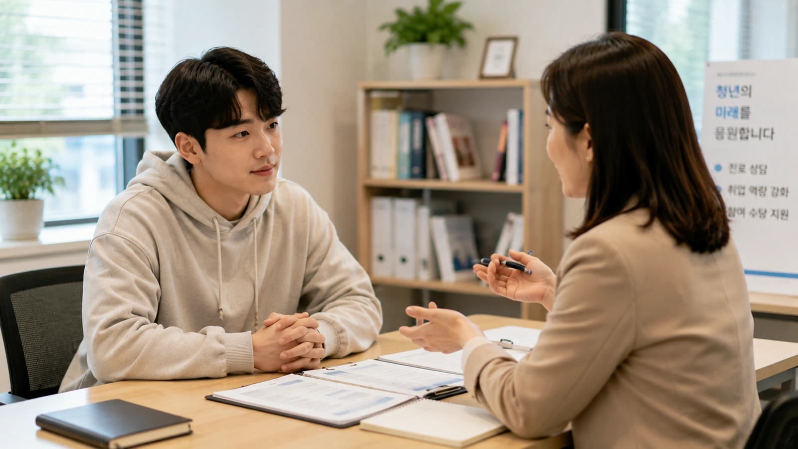 진로상담을 받으며 취업 계획을 정리하는 청년