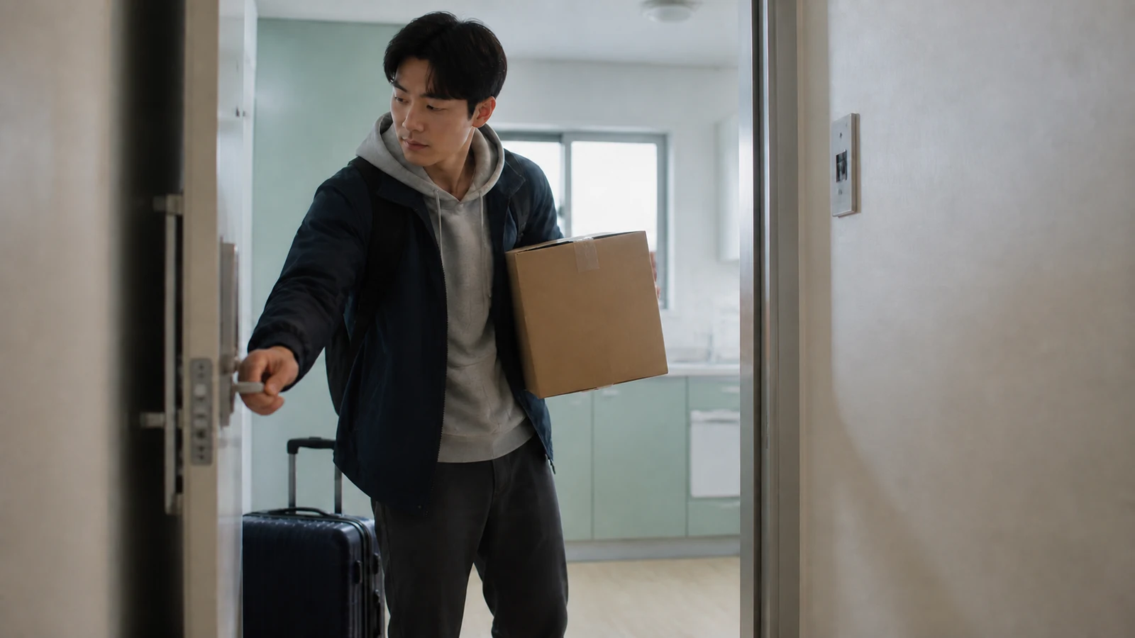 첫 전셋집에 이삿짐을 들이는 청년