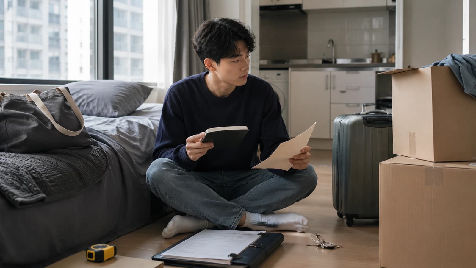 자취방에서 월세 지원 조건을 확인하는 청년