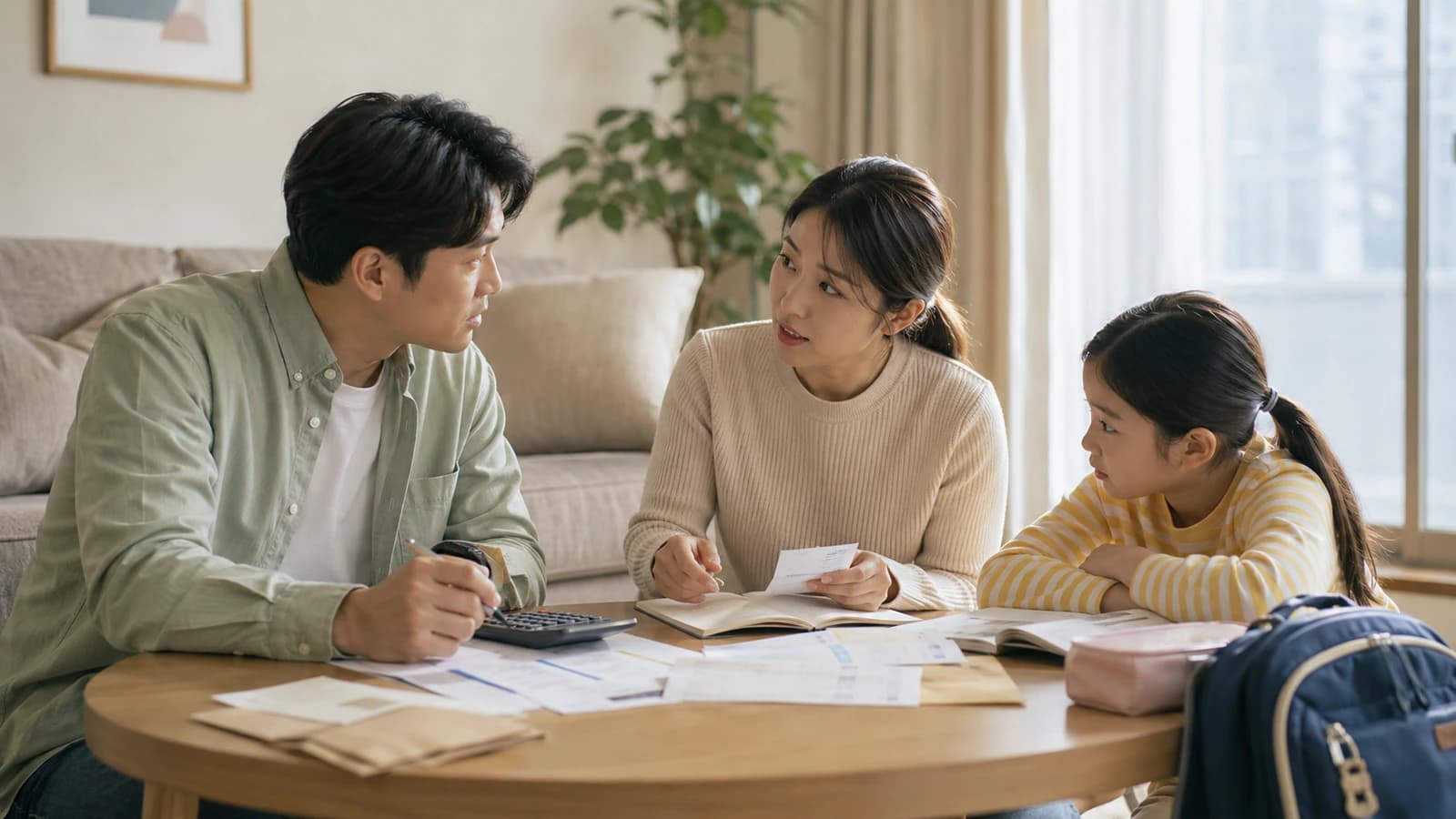 가구 소득 기준을 계산하며 생활비를 확인하는 가족