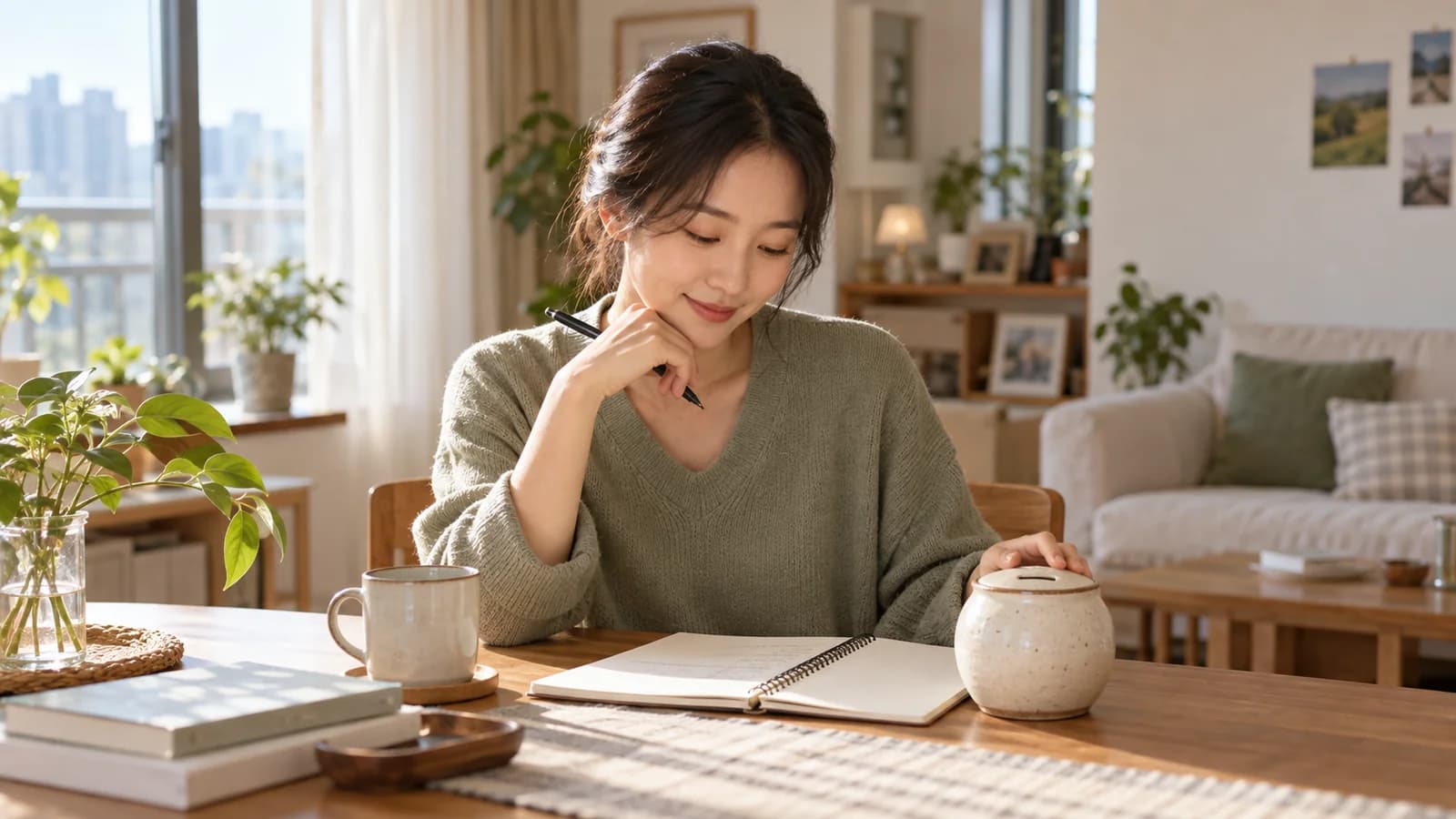 집에서 노트와 저금통을 두고 월 저축 계획을 세우는 청년